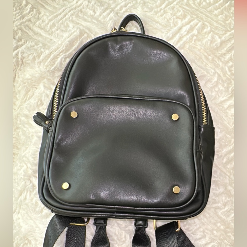 ✨ MMS Design Studio Black Vegan Leather Faux Leather Backpack with Gold Accents✨